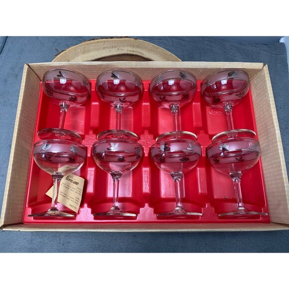 Libbey Hostess Glassware Silver Foliage Sherbet Glasses Set of 8 6.5 Oz 1950s - Picture 1 of 9